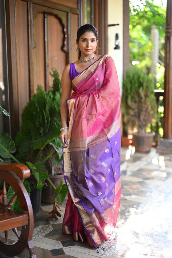 Tarang ~ Handloom Tissue Cotton Silk Linear Stripes with Sleek Designer Border in Pink with Purple