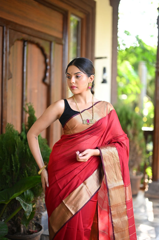 Tarang ~ Handloom Cotton Silk Sleek Designer Border in Crimson Red