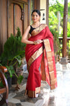 Tarang ~ Handloom Cotton Silk Sleek Designer Border in Crimson Red