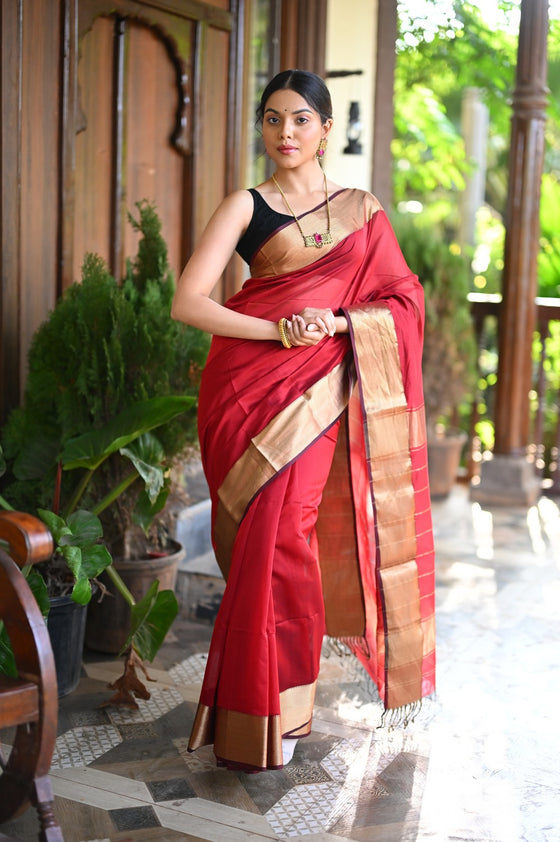 Tarang ~ Handloom Cotton Silk Sleek Designer Border in Crimson Red