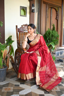  Tarang ~ Handloom Cotton Silk Sleek Designer Border in Crimson Red