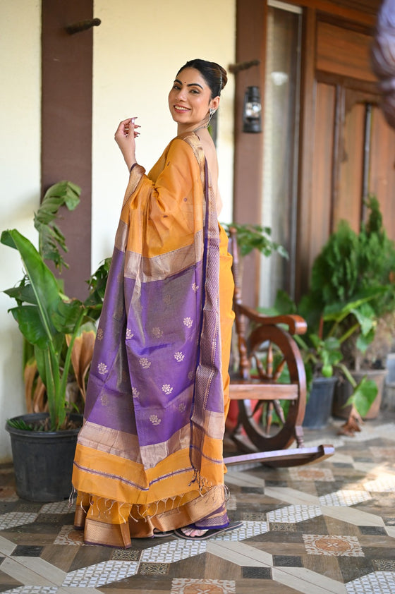 Tarang ~ Handloom Tissue Cotton Silk Sleek Designer Border in Mustard Yellow with Purple