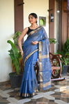 Tarang ~ Handloom Tissue Cotton Silk Sleek Designer Border in Navy Blue