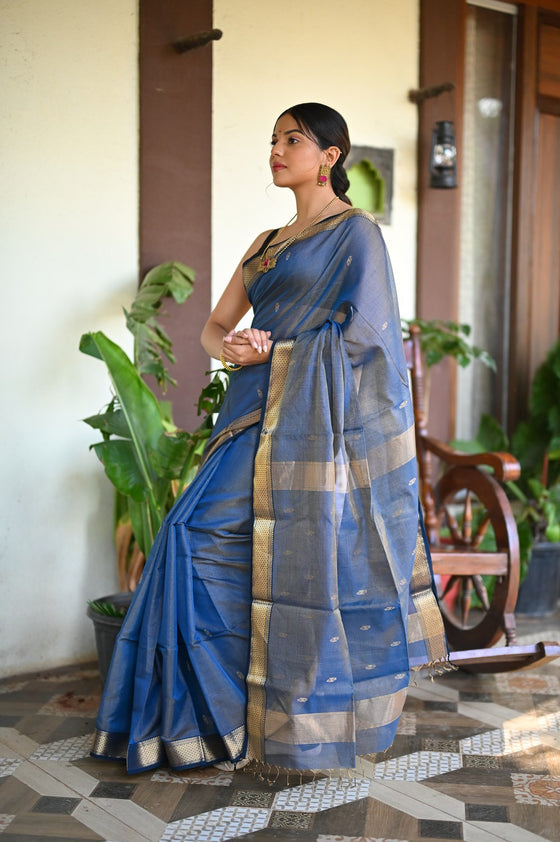 Tarang ~ Handloom Tissue Cotton Silk Sleek Designer Border in Navy Blue