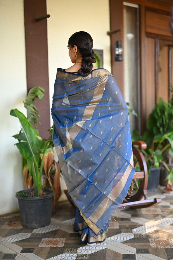 Tarang ~ Handloom Tissue Cotton Silk Sleek Designer Border in Navy Blue