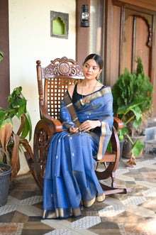  Tarang ~ Handloom Tissue Cotton Silk Sleek Designer Border in Navy Blue