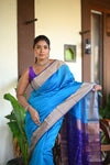 Tarang ~ Handloom Cotton Silk Sleek Designer Border in Sky Blue with Purple