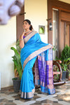 Tarang ~ Handloom Cotton Silk Sleek Designer Border in Sky Blue with Purple