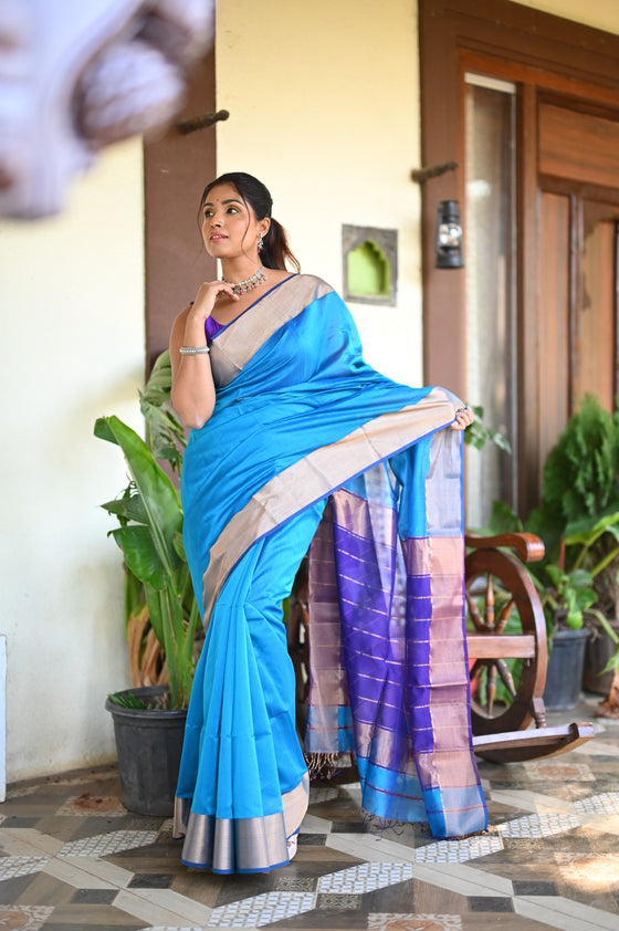 Tarang ~ Handloom Cotton Silk Sleek Designer Border in Sky Blue with Purple