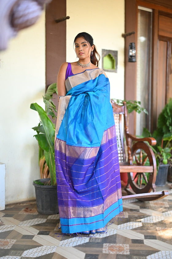 Tarang ~ Handloom Cotton Silk Sleek Designer Border in Sky Blue with Purple