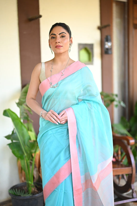 Tarang ~ Handloom Cotton Silk Sleek Designer Border in Sky Blue with Pink