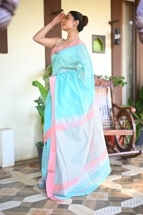 Tarang ~ Handloom Cotton Silk Sleek Designer Border in Sky Blue with Pink