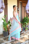 Tarang ~ Handloom Cotton Silk Sleek Designer Border in Sky Blue with Pink