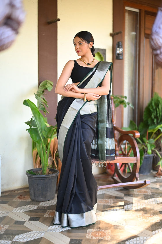 Tarang ~ Handloom Cotton Silk Sleek Designer Border in Black with Silver