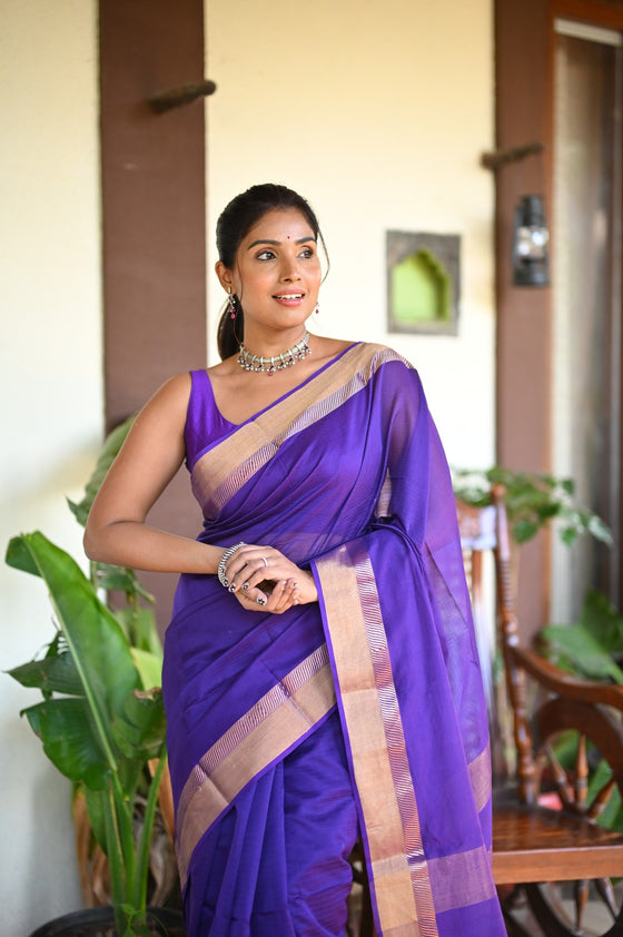 Tarang ~ Handloom Cotton Silk Sleek Designer Border in Purple & Gold