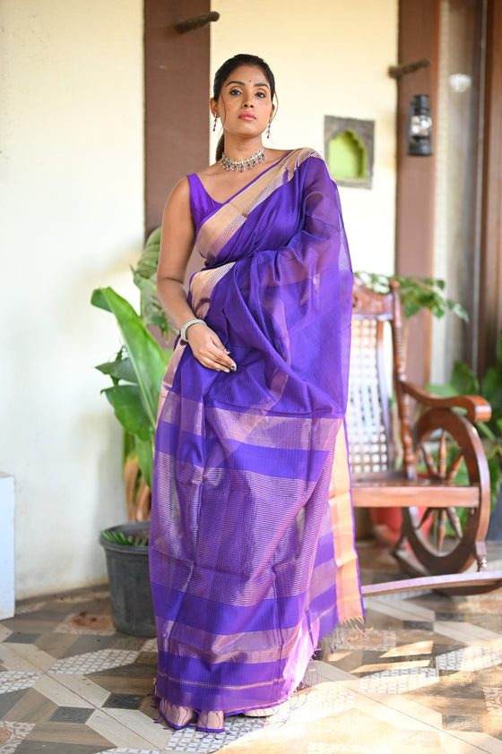 Tarang ~ Handloom Cotton Silk Sleek Designer Border in Purple & Gold