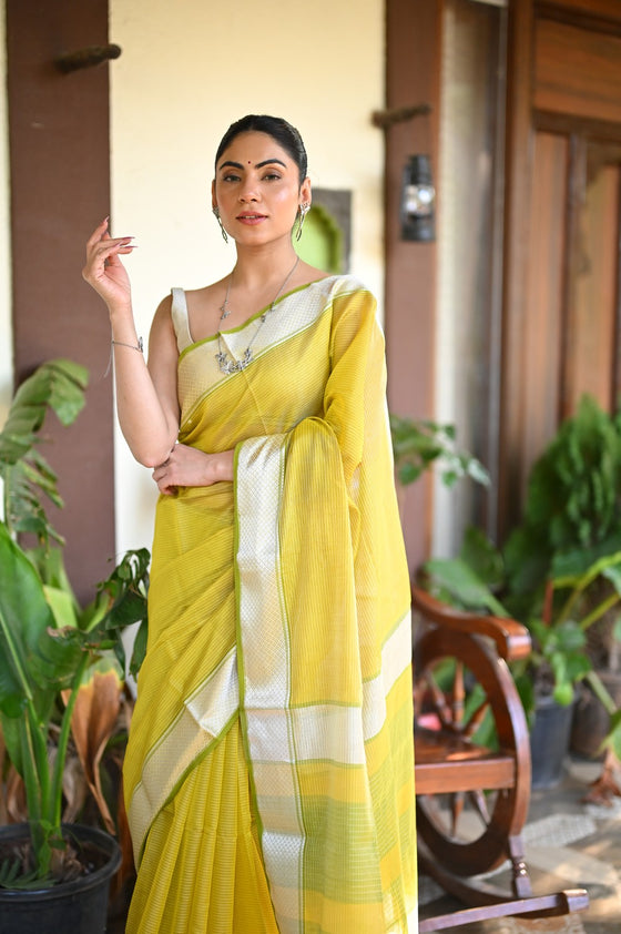 Tarang ~ Handloom Cotton Silk Sleek Designer Border in Fresh Lime Yellow