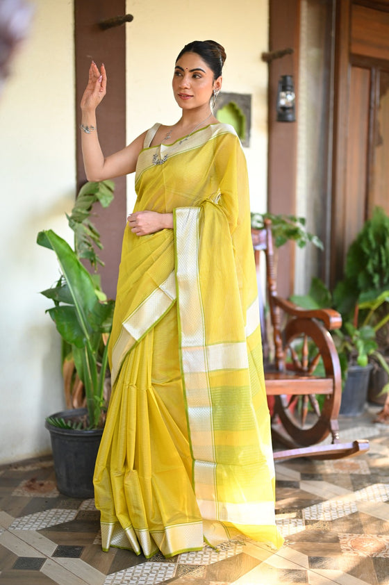 Tarang ~ Handloom Cotton Silk Sleek Designer Border in Fresh Lime Yellow