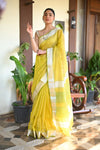 Tarang ~ Handloom Cotton Silk Sleek Designer Border in Fresh Lime Yellow