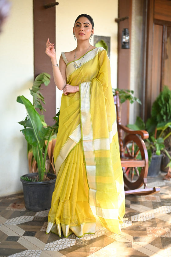 Tarang ~ Handloom Cotton Silk Sleek Designer Border in Fresh Lime Yellow