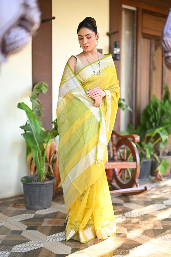 Tarang ~ Handloom Cotton Silk Sleek Designer Border in Fresh Lime Yellow