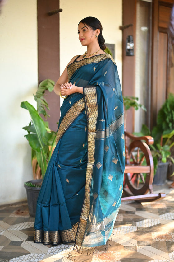 Tarang ~ Handloom Cotton Silk Sleek Designer Border in Ink Blue