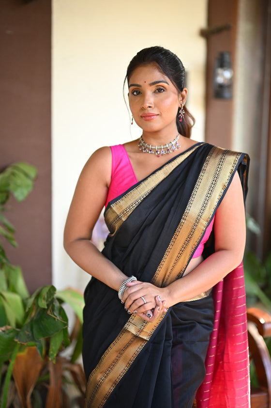 Tarang ~ Handloom Cotton Silk Sleek Designer Border in Black & Pink