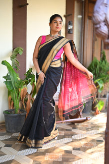  Tarang ~ Handloom Cotton Silk Sleek Designer Border in Black & Pink