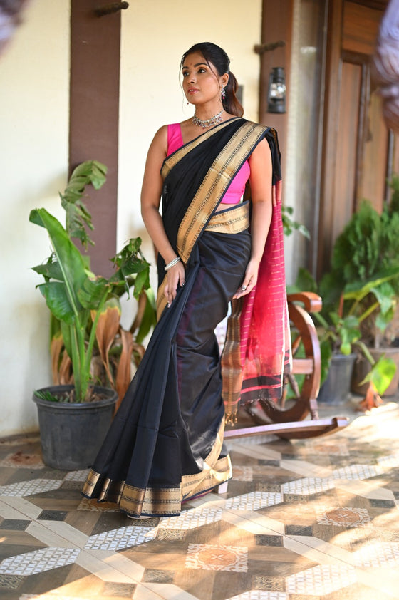 Tarang ~ Handloom Cotton Silk Sleek Designer Border in Black & Pink