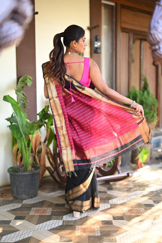 Tarang ~ Handloom Cotton Silk Sleek Designer Border in Black & Pink