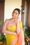 Tarang ~ Handloom Cotton Silk Sleek Designer Border in Yellow & Pink