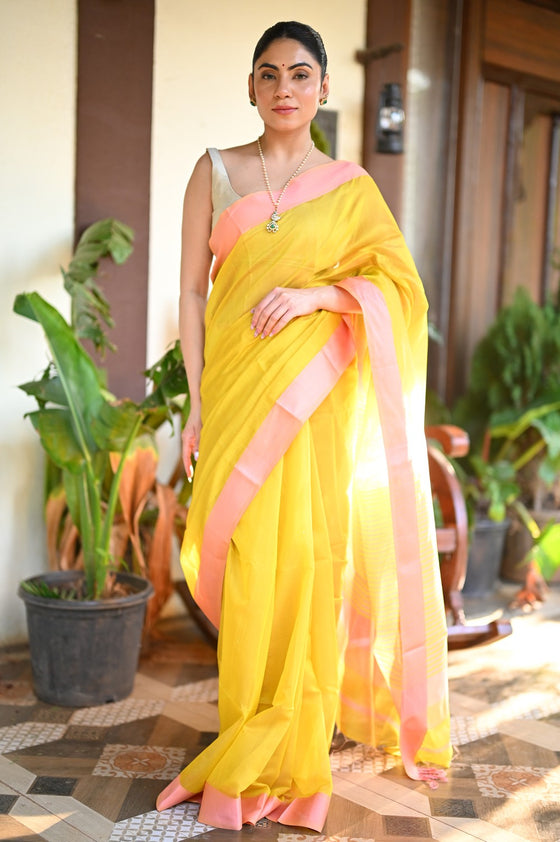 Tarang ~ Handloom Cotton Silk Sleek Designer Border in Yellow & Pink