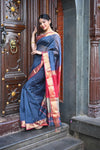 Tarang ~ Handloom Cotton Silk Sleek Designer Border in Starlight Blue & Red