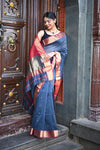 Tarang ~ Handloom Cotton Silk Sleek Designer Border in Starlight Blue & Red