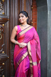 Tarang ~ Handloom Cotton Silk Saree with Gold Border in Exclusive Pink with Rainbow Shein