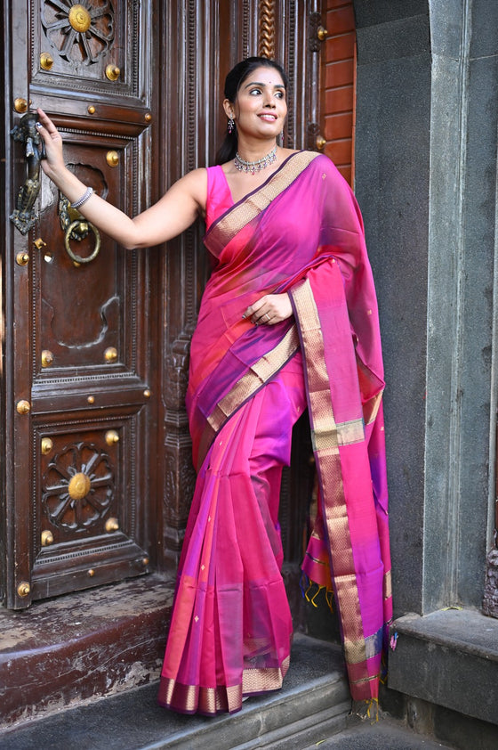 Tarang ~ Handloom Cotton Silk Saree with Gold Border in Exclusive Pink with Rainbow Shein