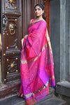 Tarang ~ Handloom Cotton Silk Saree with Gold Border in Exclusive Pink with Rainbow Shein
