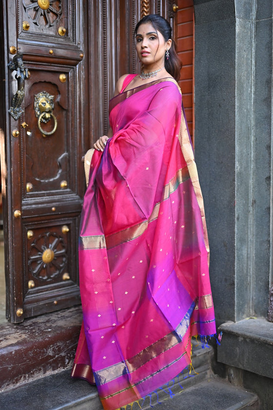 Tarang ~ Handloom Cotton Silk Saree with Gold Border in Exclusive Pink with Rainbow Shein