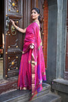 Tarang ~ Handloom Cotton Silk Saree with Gold Border in Exclusive Pink with Rainbow Shein