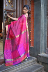 Tarang ~ Handloom Cotton Silk Saree with Gold Border in Exclusive Pink with Rainbow Shein