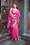 Tarang ~ Handloom Cotton Silk Saree with Gold Border in Exclusive Pink with Rainbow Shein