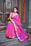 Tarang ~ Handloom Cotton Silk Saree with Gold Border in Exclusive Pink with Rainbow Shein