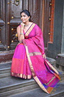  Tarang ~ Handloom Cotton Silk Saree with Gold Border in Exclusive Pink with Rainbow Shein