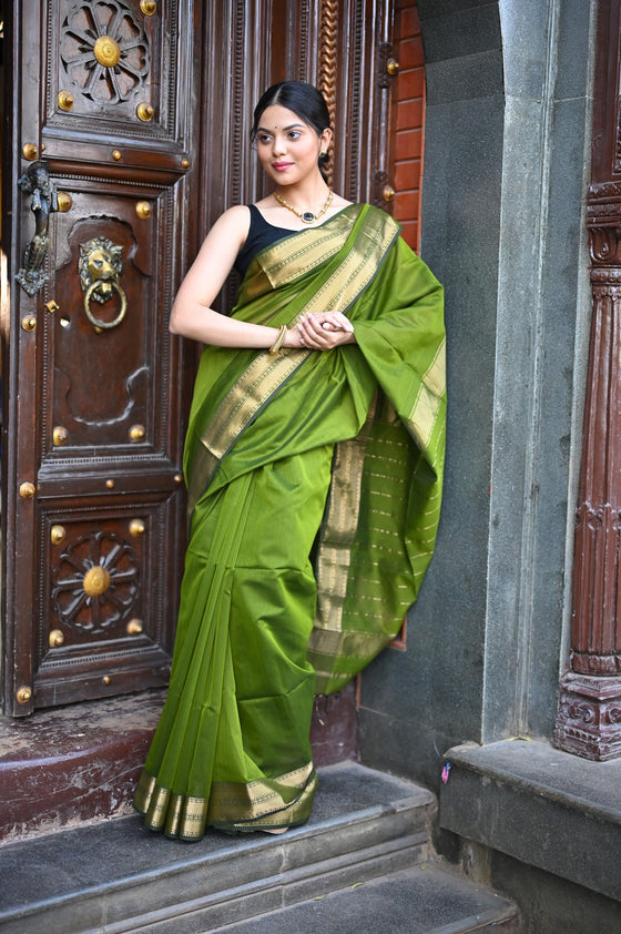 Tarang ~ Handloom Cotton Silk Sleek Designer Border in First Light Green