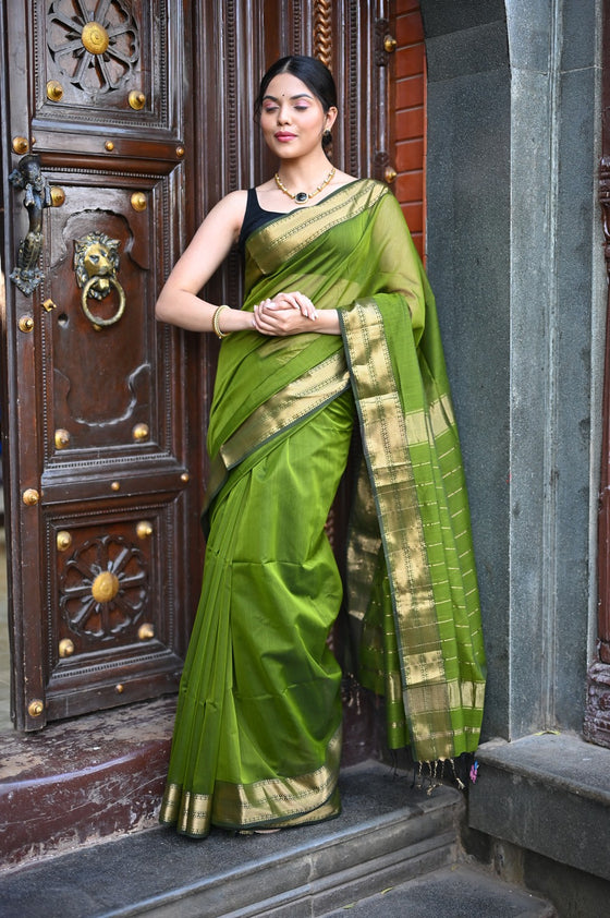 Tarang ~ Handloom Cotton Silk Sleek Designer Border in First Light Green