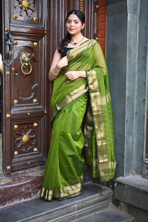 Tarang ~ Handloom Cotton Silk Sleek Designer Border in First Light Green