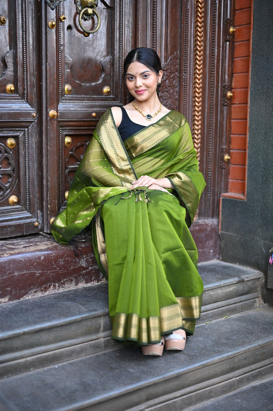 Tarang ~ Handloom Cotton Silk Sleek Designer Border in First Light Green