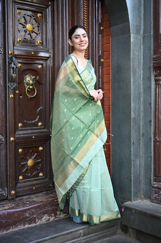 Tarang ~ Handloom Cotton Silk Sleek Designer Border in Mint Green