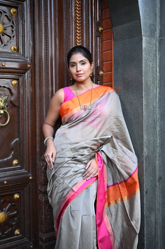 Tarang ~ Handloom Cotton Silk Sleek Designer Border in Grey & Orange Pink