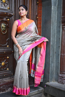  Tarang ~ Handloom Cotton Silk Sleek Designer Border in Grey & Orange Pink